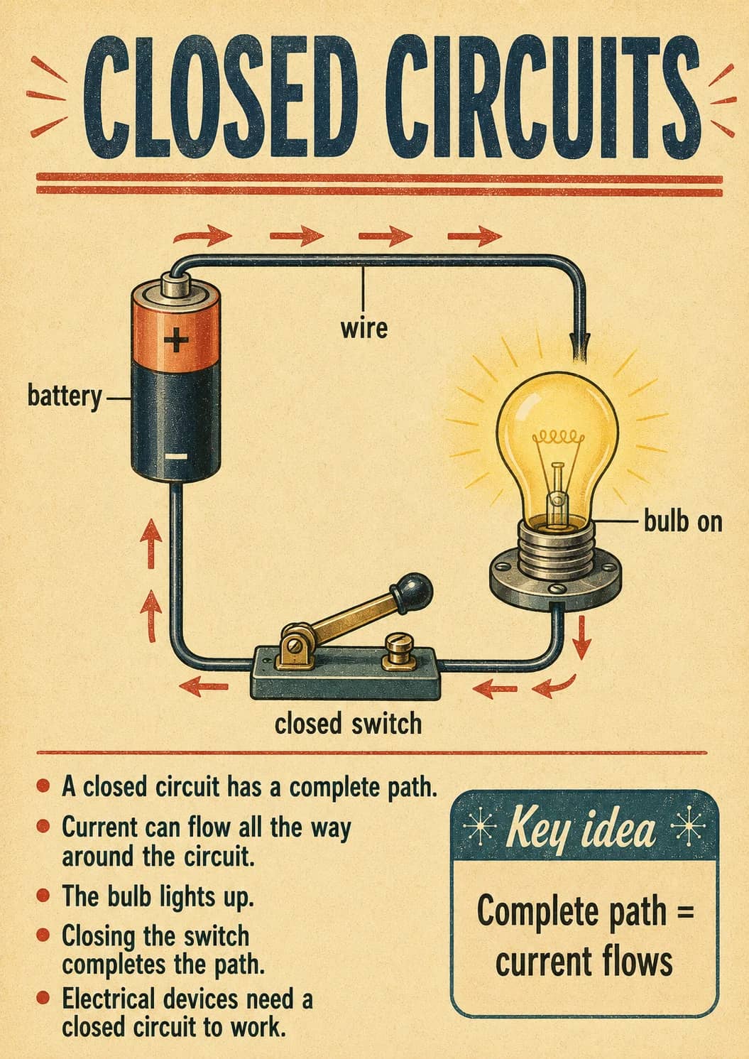 Closed circuits infographic poster showing - A closed circuit has a complete path., - Current can flow all the way around the circuit., -...