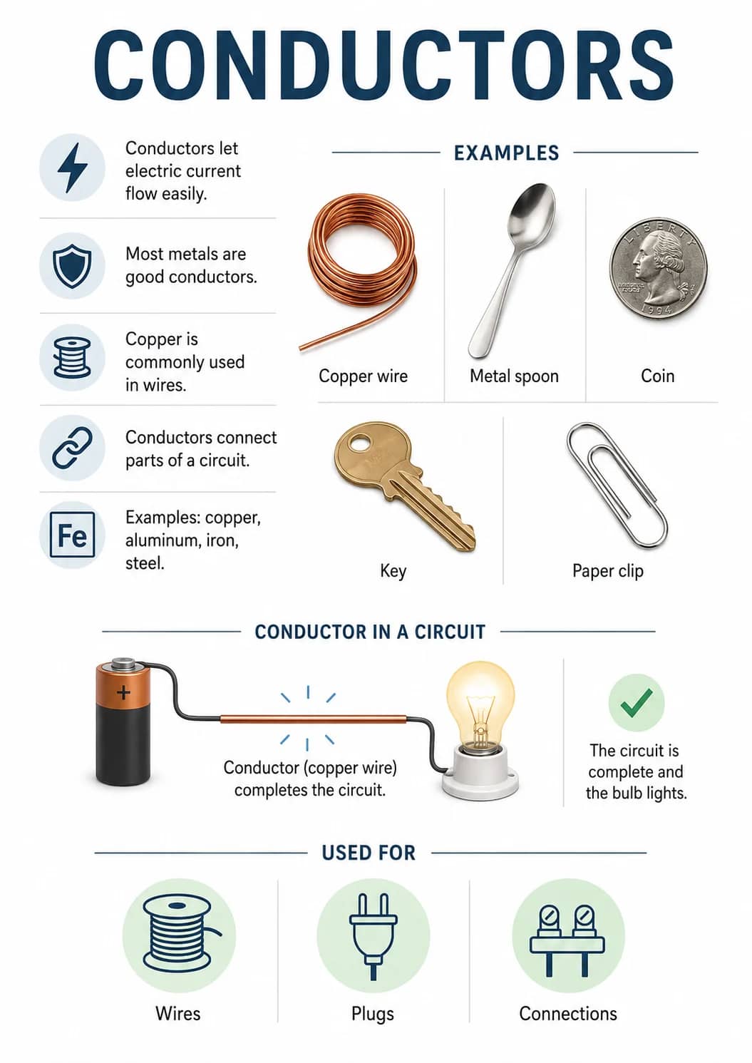 Conductors Let Electric Current Flow Easily. infographic poster showing CONDUCTORS, Most metals are good conductors., Copper is commonly...