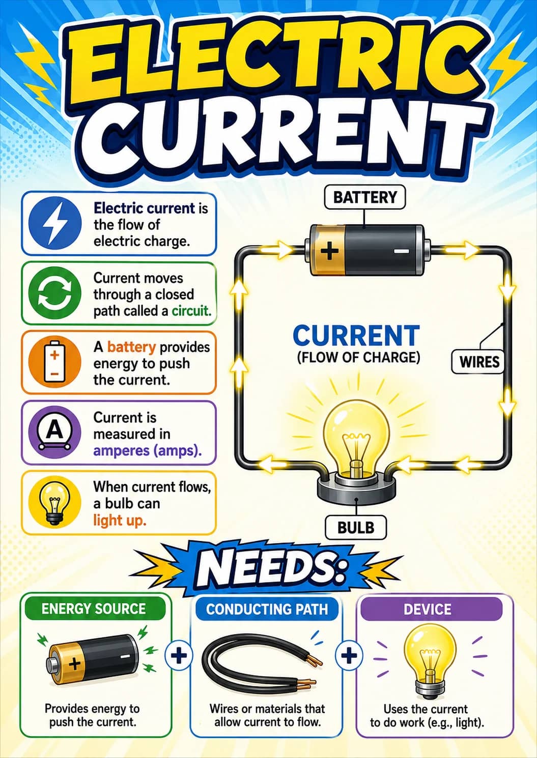 Electric Current infographic poster showing Electric current is the flow of electric charge., Current moves through a closed path called a...