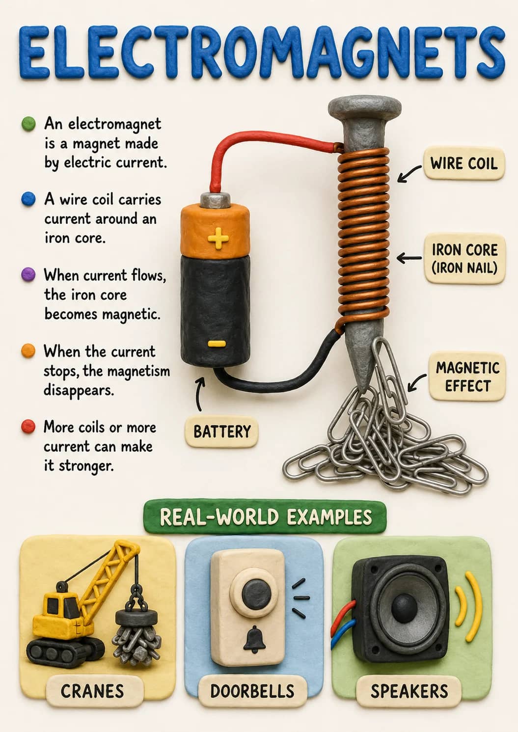 Electromagnets infographic poster showing - An electromagnet is a magnet made by electric current., - A wire coil carries current around...