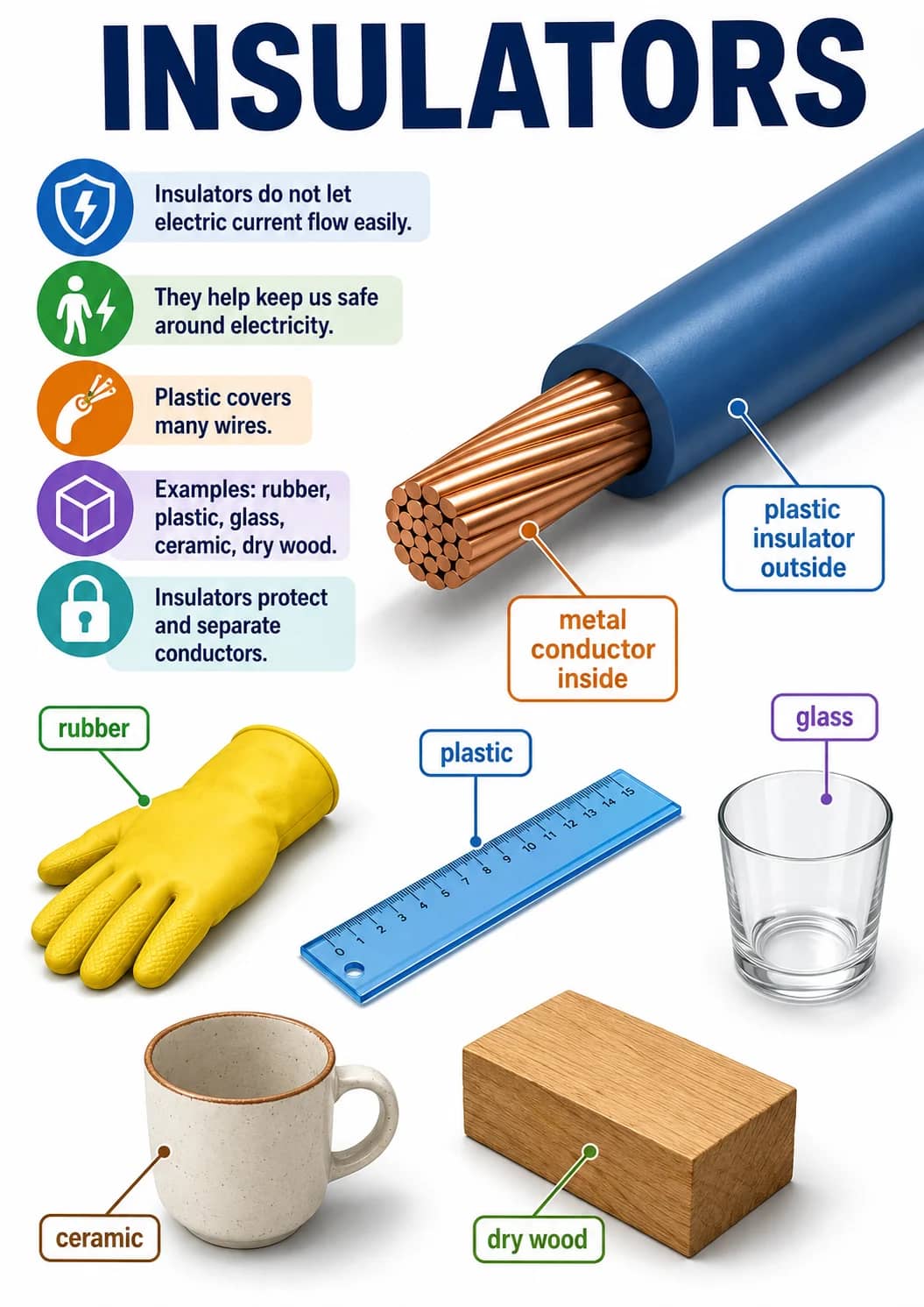 Insulators Protect and Separate Conductors. infographic poster showing INSULATORS, Insulators do not let electric current flow easily.,...