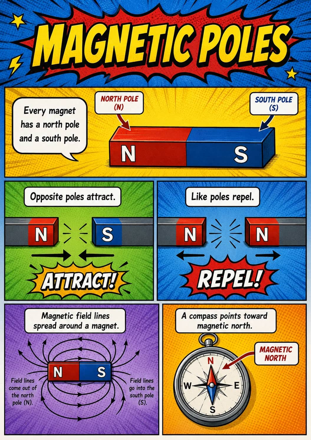 Magnetic Poles infographic poster showing Every magnet, has a north pole, and a south pole., NORTH POLE and SOUTH POLE for Electricity and...