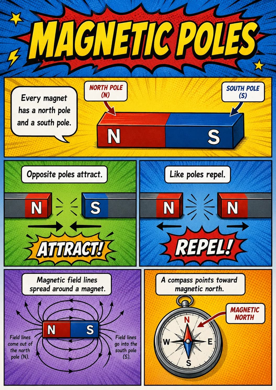 Magnetic Poles infographic poster with clear labels for Electricity and Magnetism.