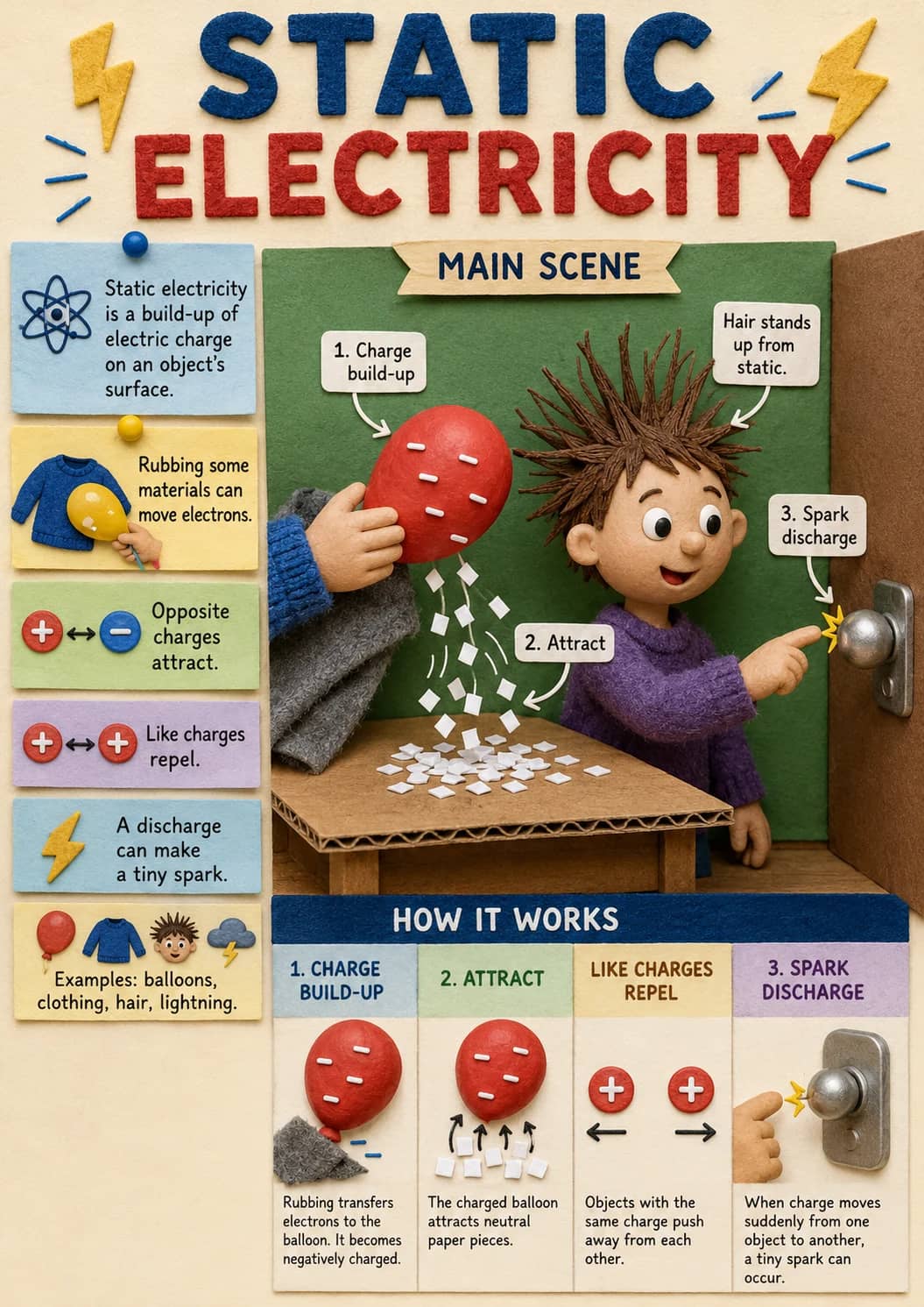 Static Electricity infographic poster showing Static electricity is a build-up of electric charge on an object's surface., Rubbing some...