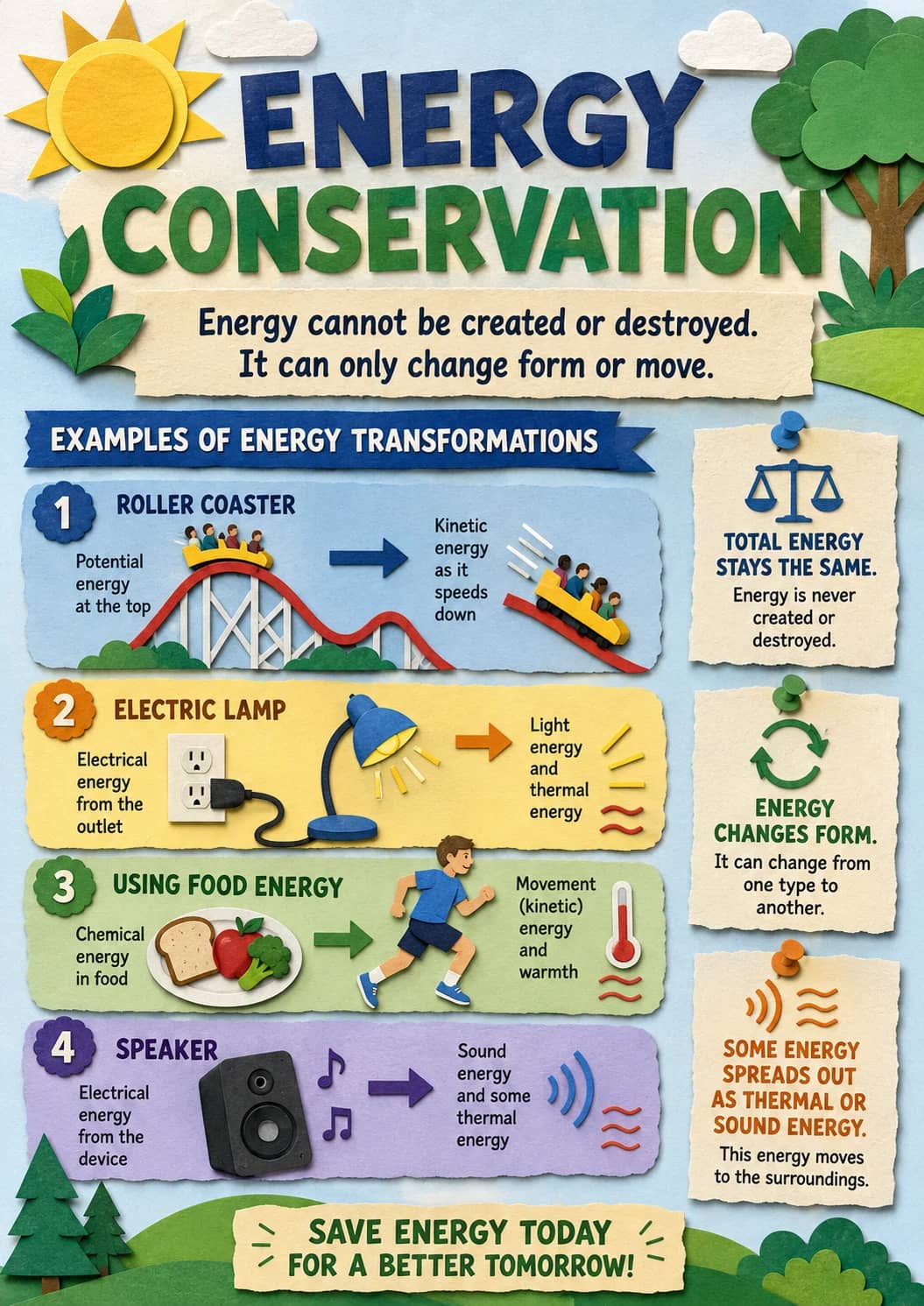 Chemical Energy in Food infographic poster showing ENERGY CONSERVATION, Energy cannot be created or destroyed., It can only change form or...