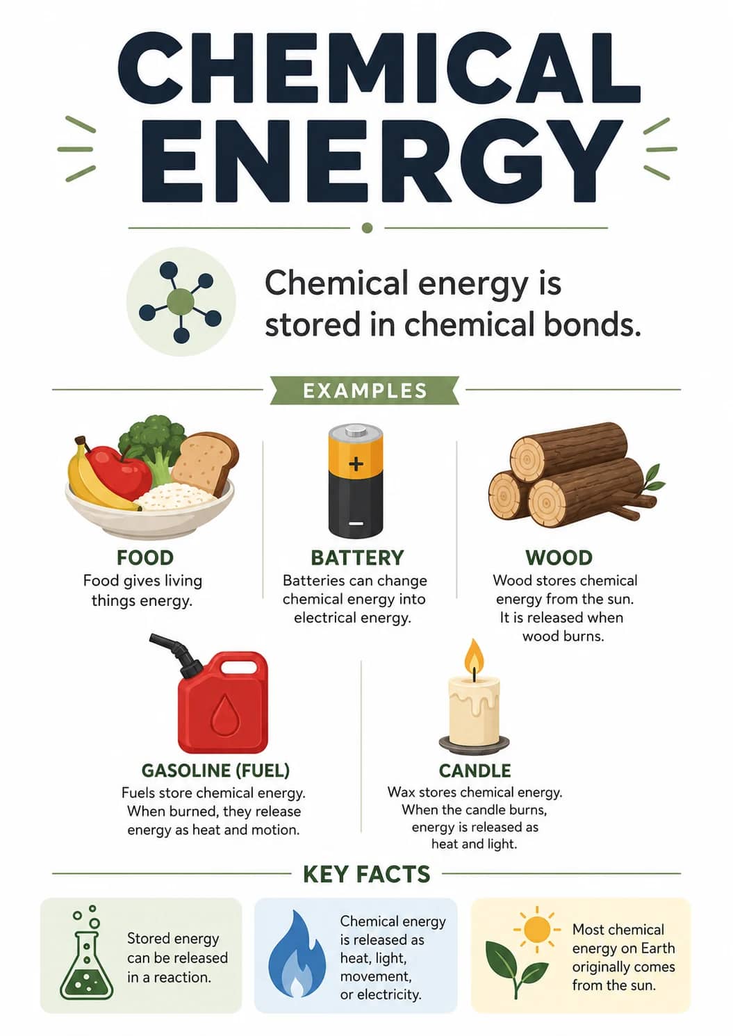 Chemical infographic poster showing Chemical energy is stored in chemical bonds., EXAMPLES, FOOD, Food gives living things energy. and...