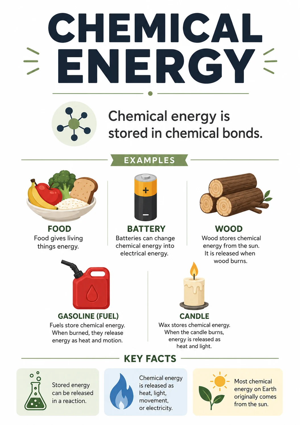 Chemical infographic poster with clear labels for Energy.