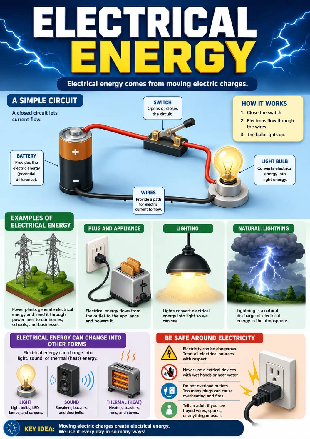 Electrical Energy infographic poster showing Electrical energy comes from moving electric charges., A SIMPLE CIRCUIT, A closed circuit...