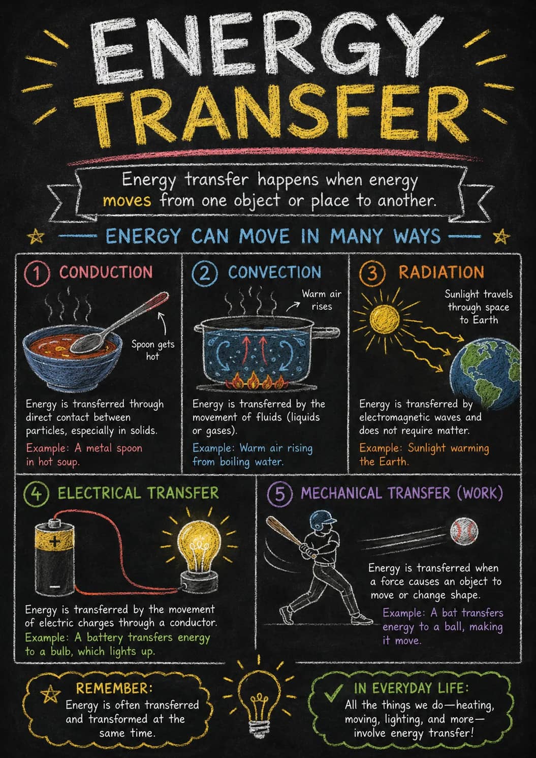 Energy Transfer infographic poster showing Energy transfer happens when energy moves from one object or place to another., ★ — ENERGY CAN...
