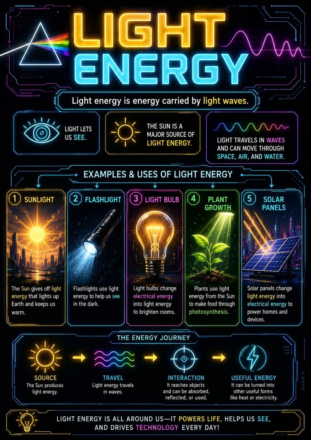 Light Energy infographic poster showing Light energy is energy carried by light waves ., LIGHT LETS US SEE ., THE SUN IS A MAJOR SOURCE OF...