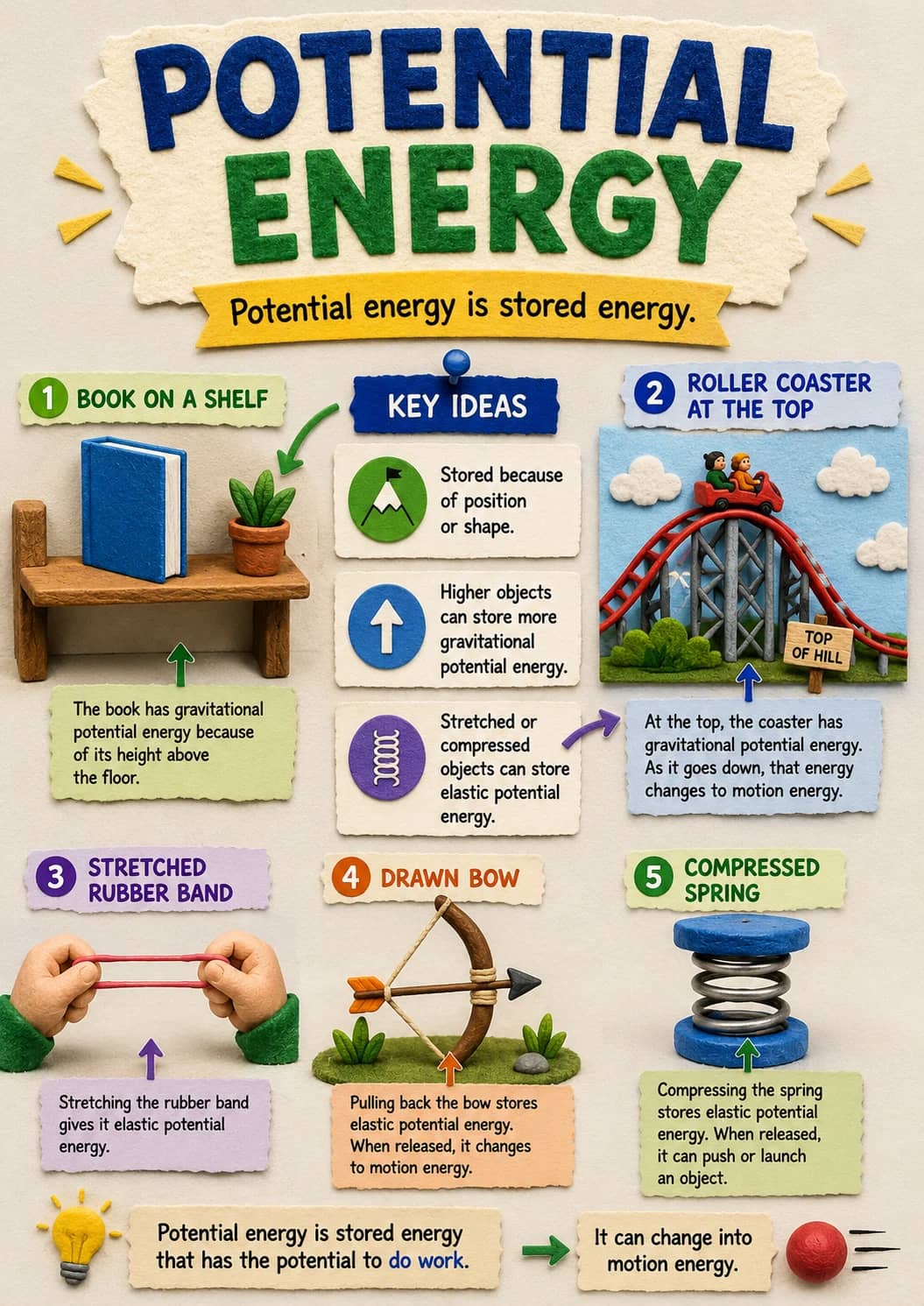 Potential Energy infographic poster showing Potential energy is stored energy., 1 BOOK ON A SHELF, KEY IDEAS, Stored because of position...