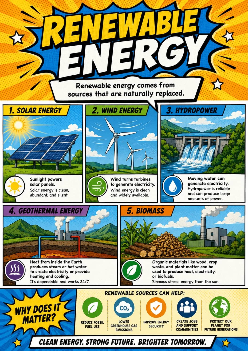 Renewable Energy infographic poster showing Renewable energy comes from sources that are naturally replaced., 1. SOLAR ENERGY, Sunlight...
