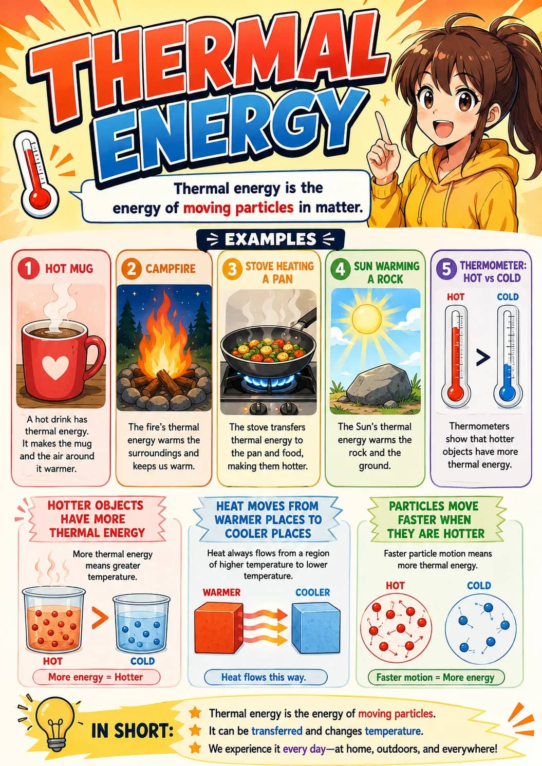 Thermal Energy infographic poster showing Thermal energy is the energy of moving particles in matter., EXAMPLES, 1 HOT MUG, A hot drink...