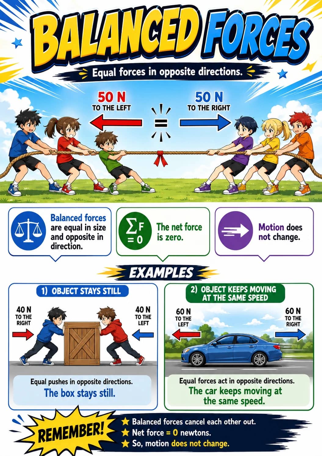 2) Object Keeps Moving At the Same Speed infographic poster showing BALANCED FORCES, Equal forces in opposite directions., Balanced forces...