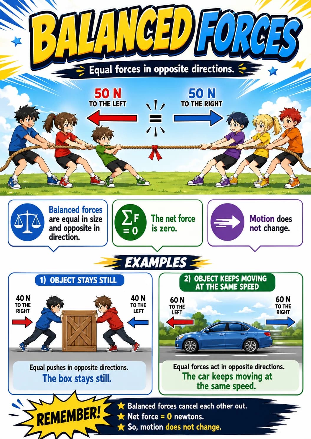 2) Object Keeps Moving At the Same Speed infographic poster with clear labels for Forces.