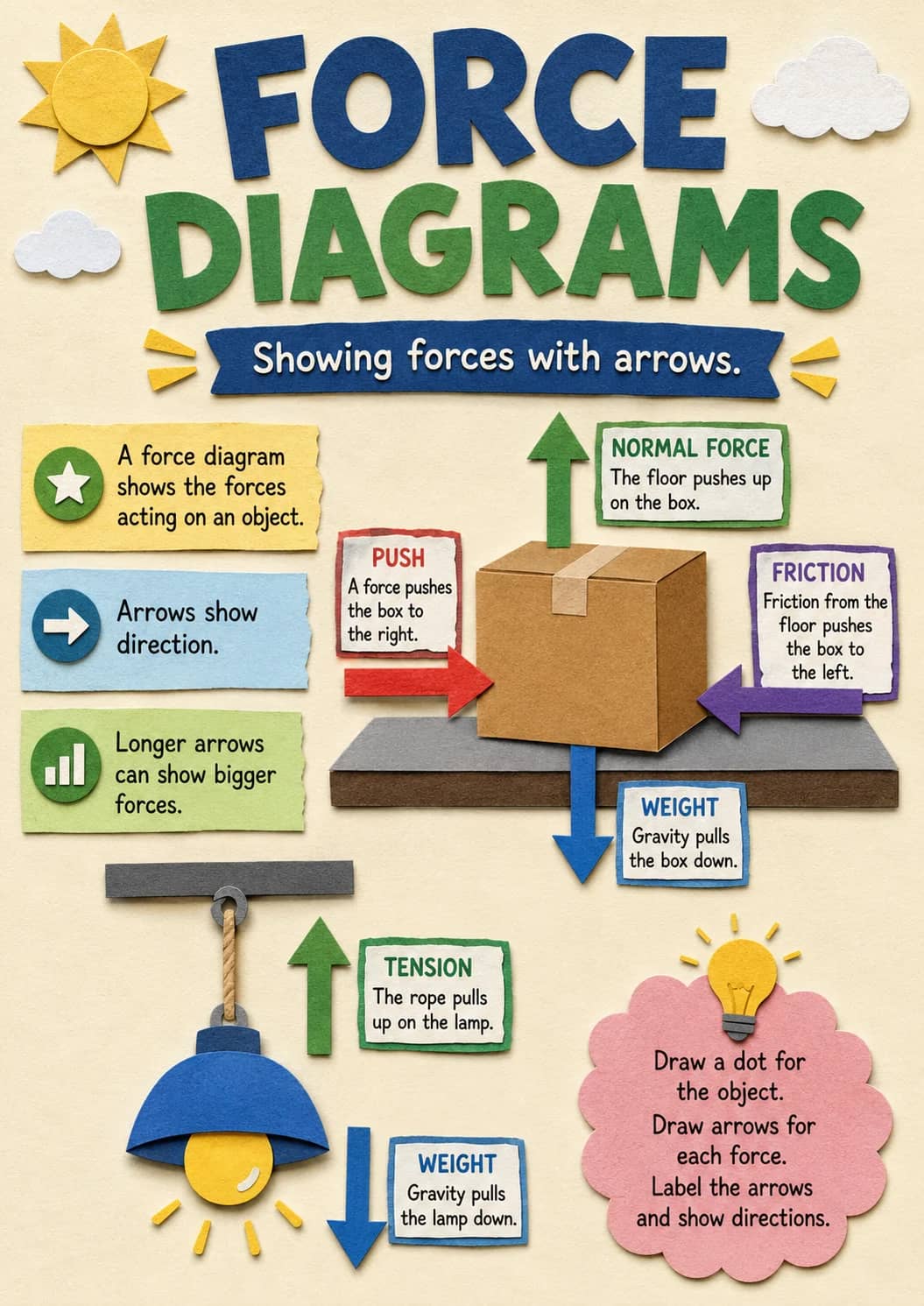 Force infographic poster showing DIAGRAMS, Showing forces with arrows., A force diagram shows the forces acting on an object., Arrows show...