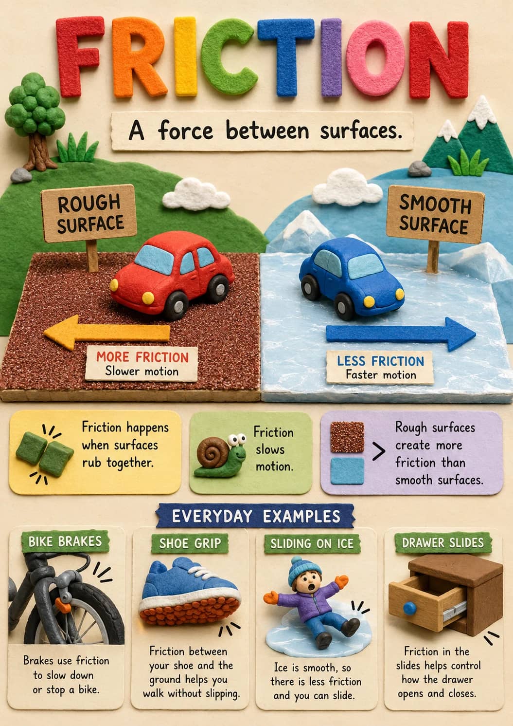Friction infographic poster showing A force between surfaces., ROUGH SURFACE, MORE FRICTION, Slower motion and SMOOTH SURFACE for Forces.