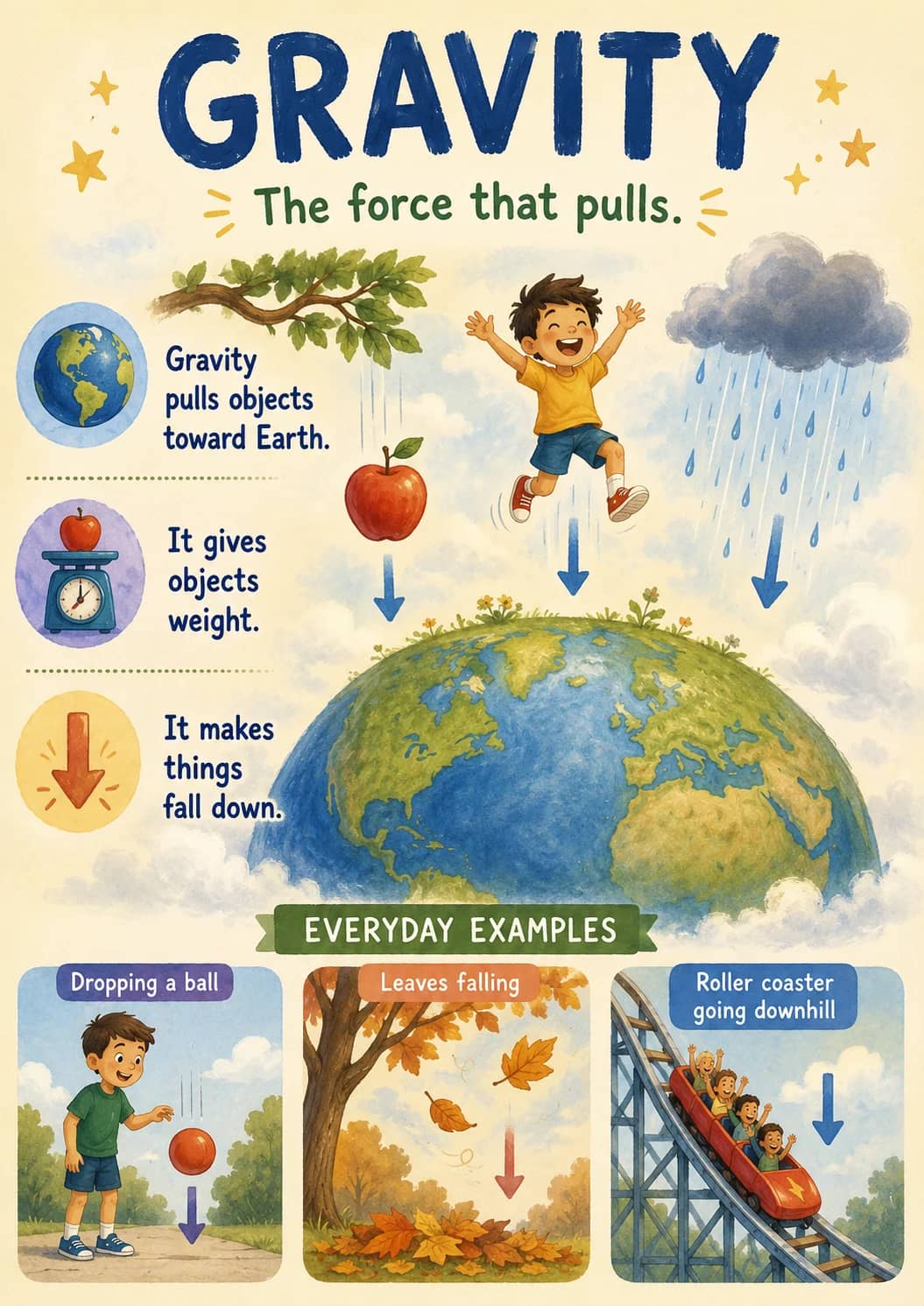 Gravity infographic poster showing The force that pulls., pulls objects, toward Earth., It gives and objects for Forces.