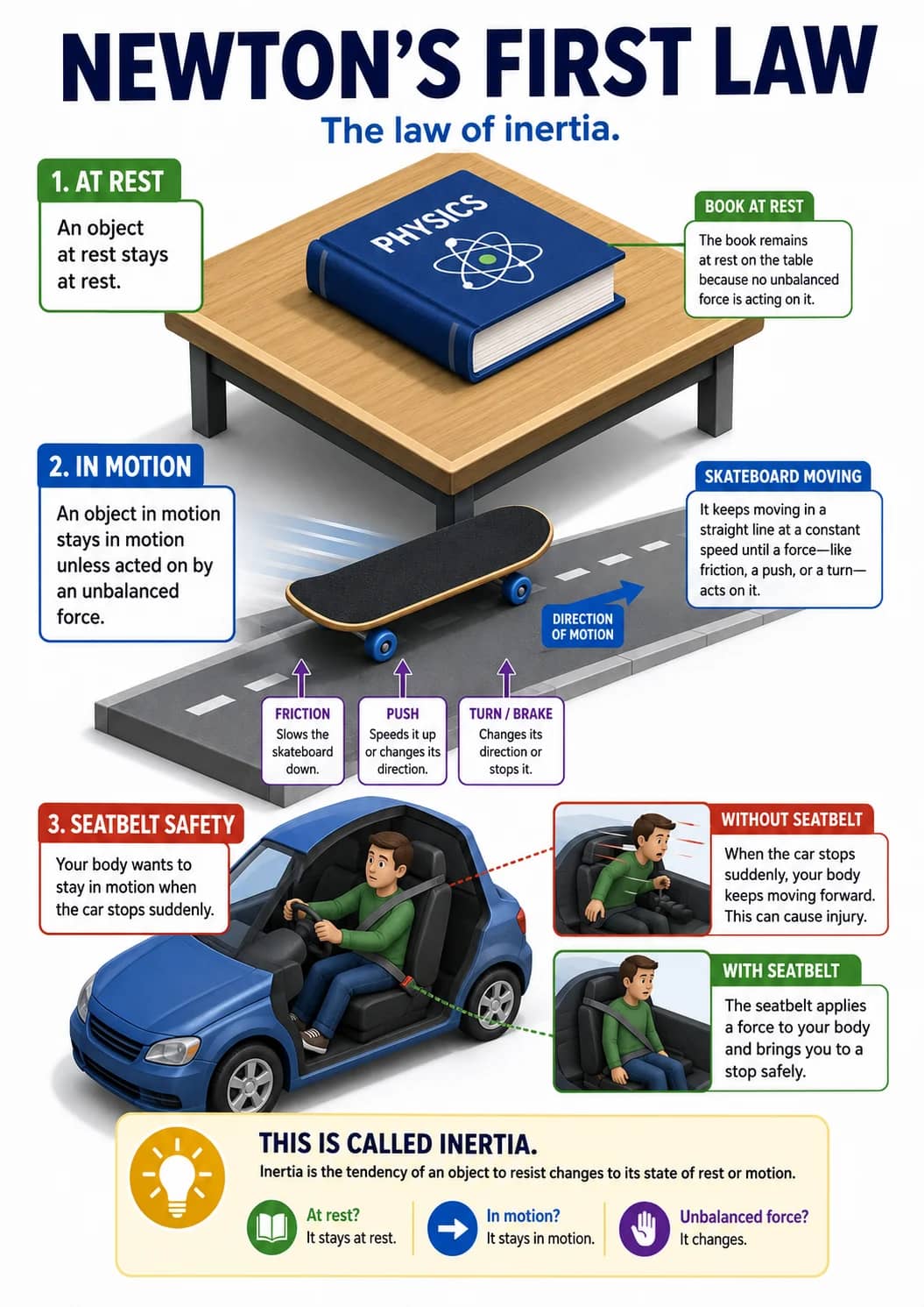 Newton's First Law infographic poster showing The law of inertia., THIS IS CALLED INERTIA., At rest?, It stays at rest. and In motion? for...