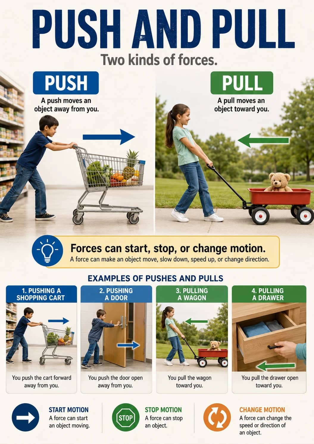 Push and Pull infographic poster showing Two kinds of forces., PUSH, A push moves an object away from you., PULL and A pull moves an...