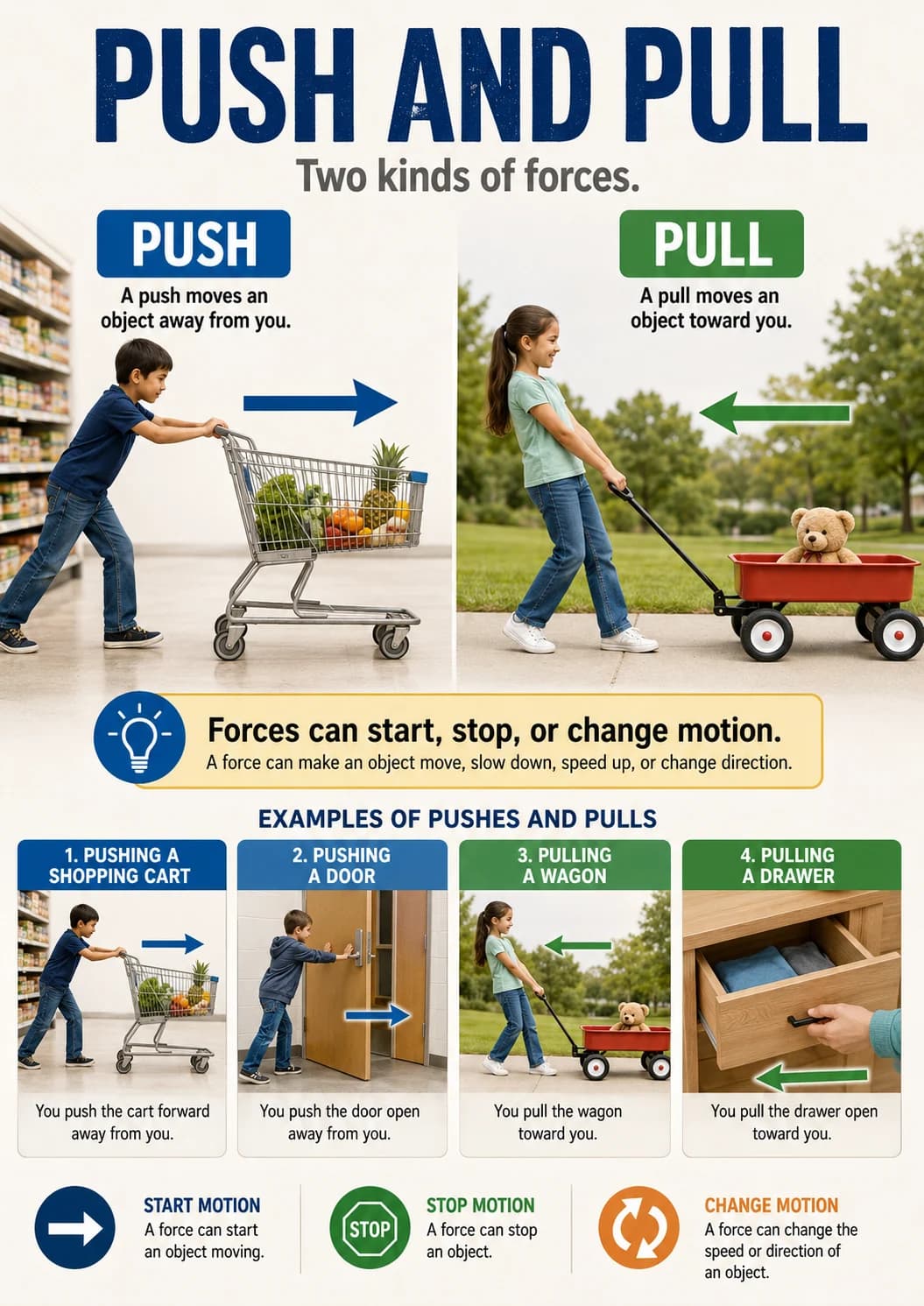 Push and Pull infographic poster with clear labels for Forces.
