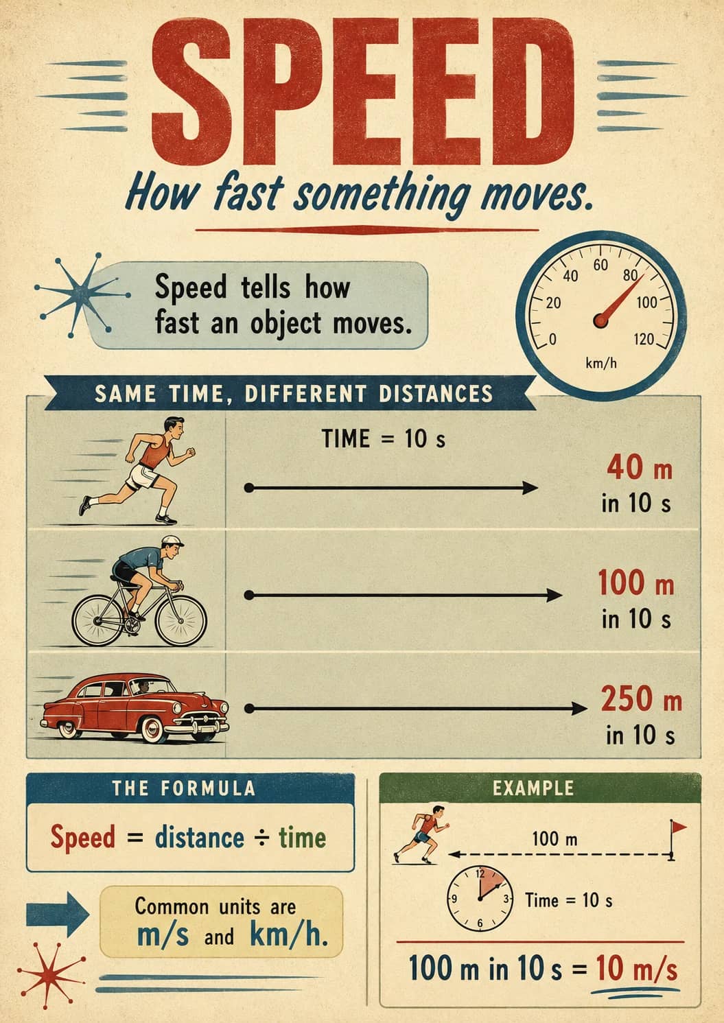Speed infographic poster showing How fast something moves., Speed tells how fast an object moves., SAME TIME, DIFFERENT DISTANCES, THE...