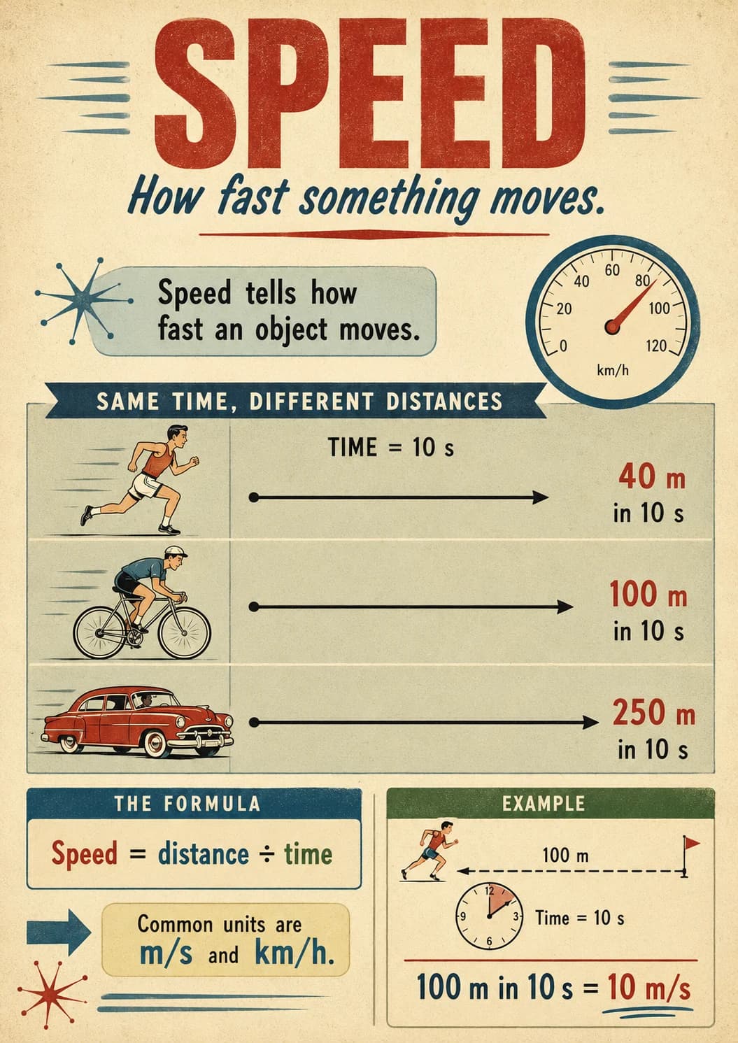 Speed infographic poster with clear labels for Forces.