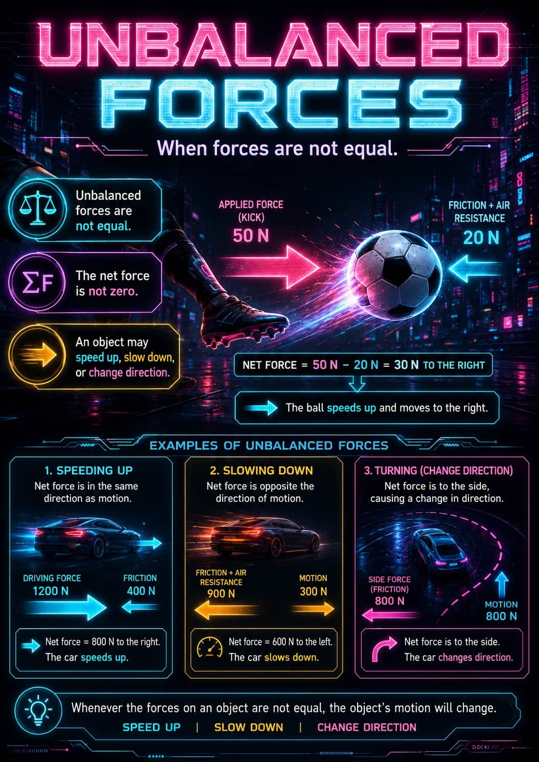 Unbalanced infographic poster showing When forces are not equal., Unbalanced forces are not equal., The net force is not zero., An object...