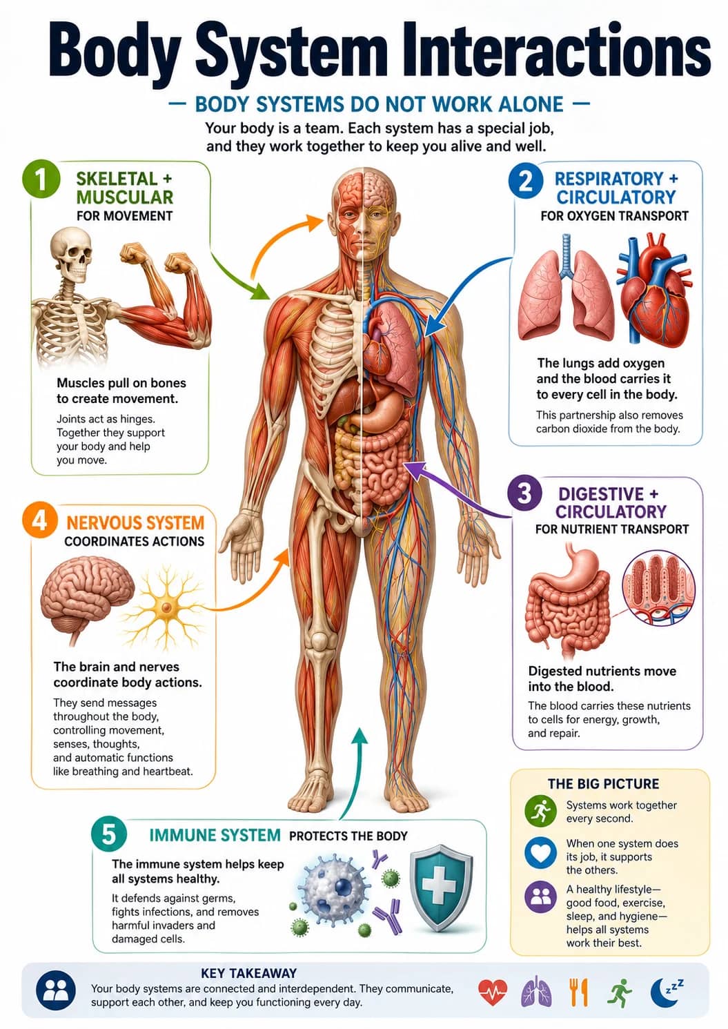 5 Immune System Protects the Body infographic poster showing Body System Interactions, — BODY SYSTEMS DO NOT WORK ALONE —, 1 SKELETAL +...