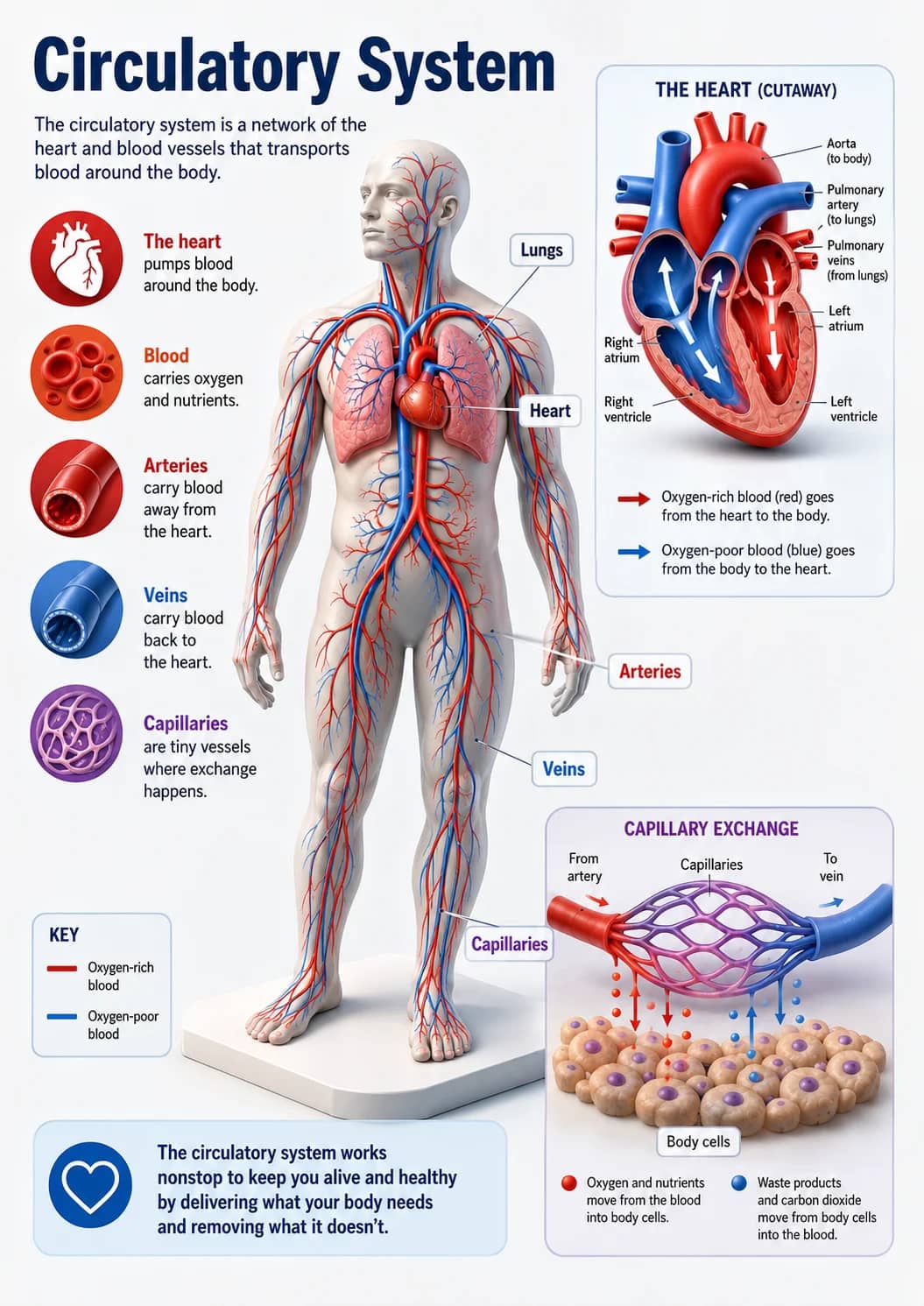 Circulatory system infographic poster showing The heart, pumps blood, around the body., Blood and carries oxygen for Human Body.