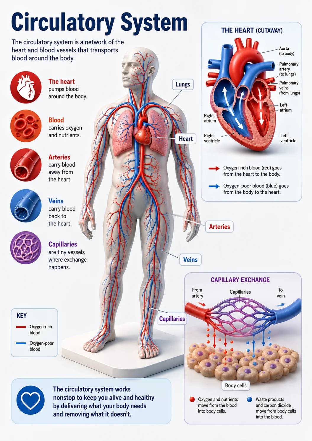 Circulatory system infographic poster with clear labels for Human Body.