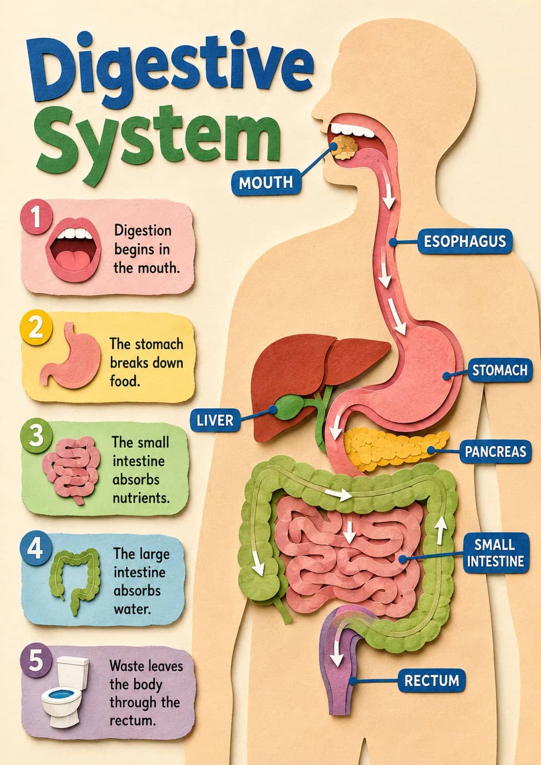 Digestive System infographic poster showing MOUTH, Digestion begins in the mouth., The stomach breaks down food., The small intestine...