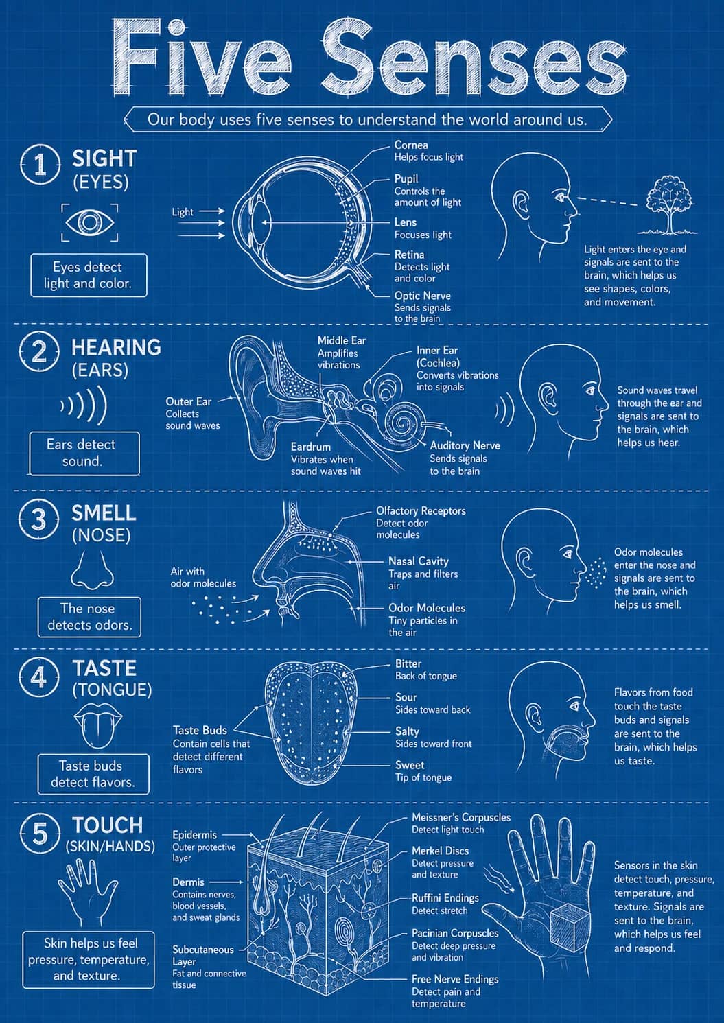 Five Senses infographic poster showing Our body uses five senses to understand the world around us., 1 SIGHT, Eyes detect light and...