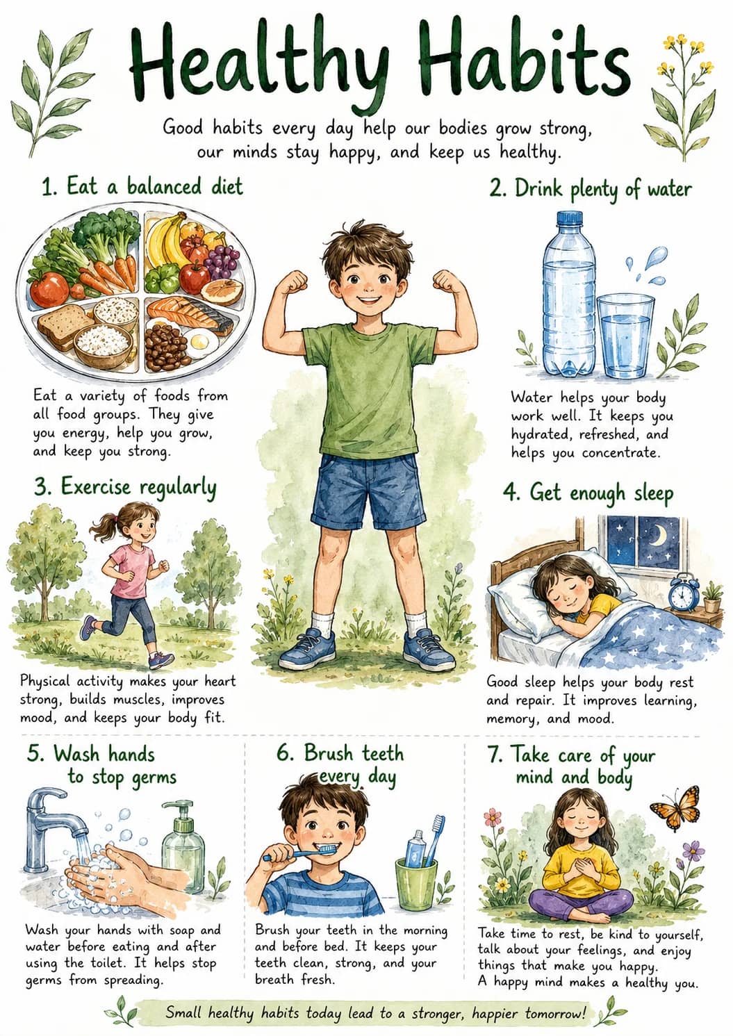 Healthy Habits infographic poster showing 1. Eat a balanced diet, 2. Drink plenty of water, 3. Exercise regularly, 4. Get enough sleep and...