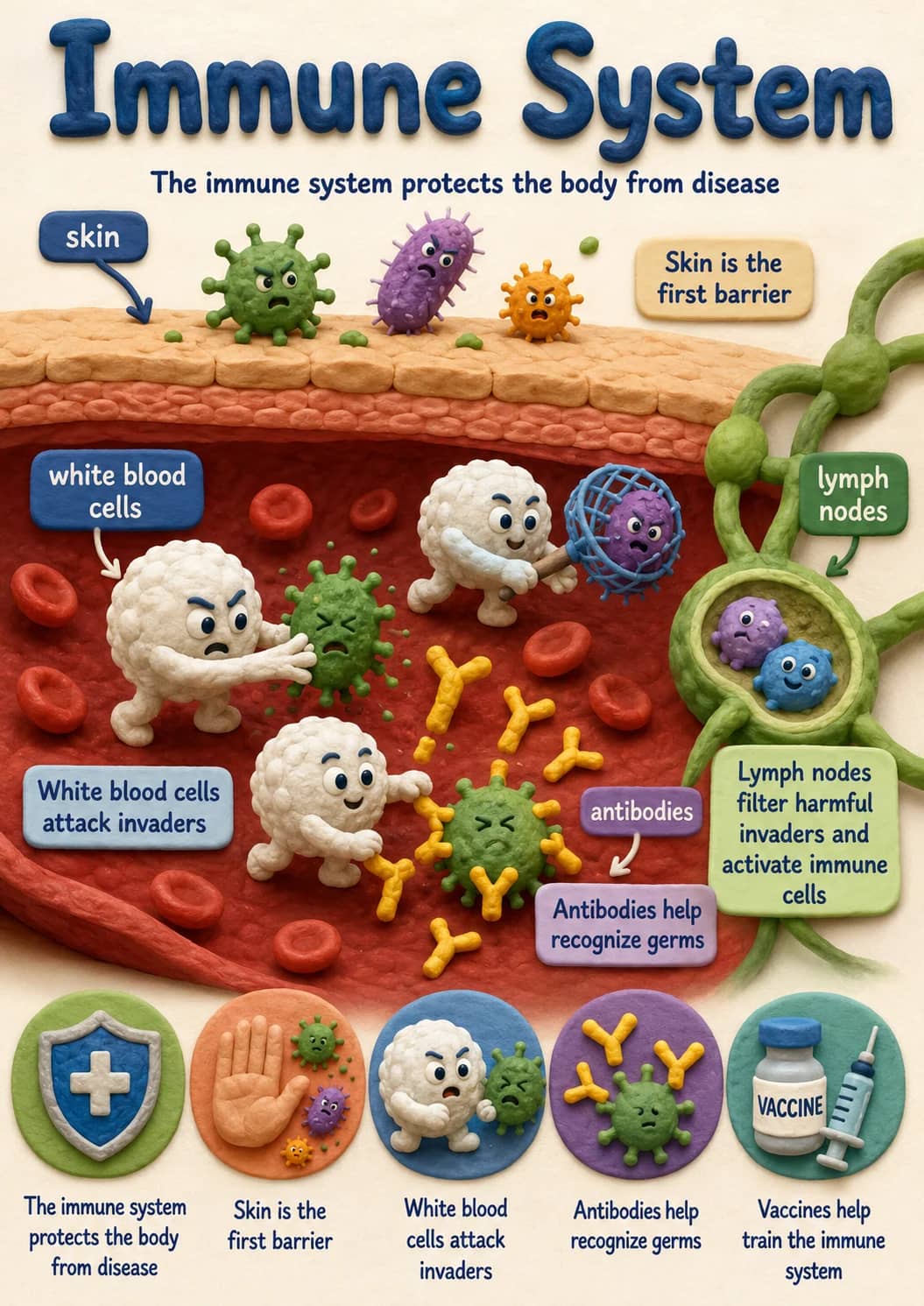 Immune System infographic poster showing The immune system protects the body from disease, Skin is the first barrier, White blood cells...