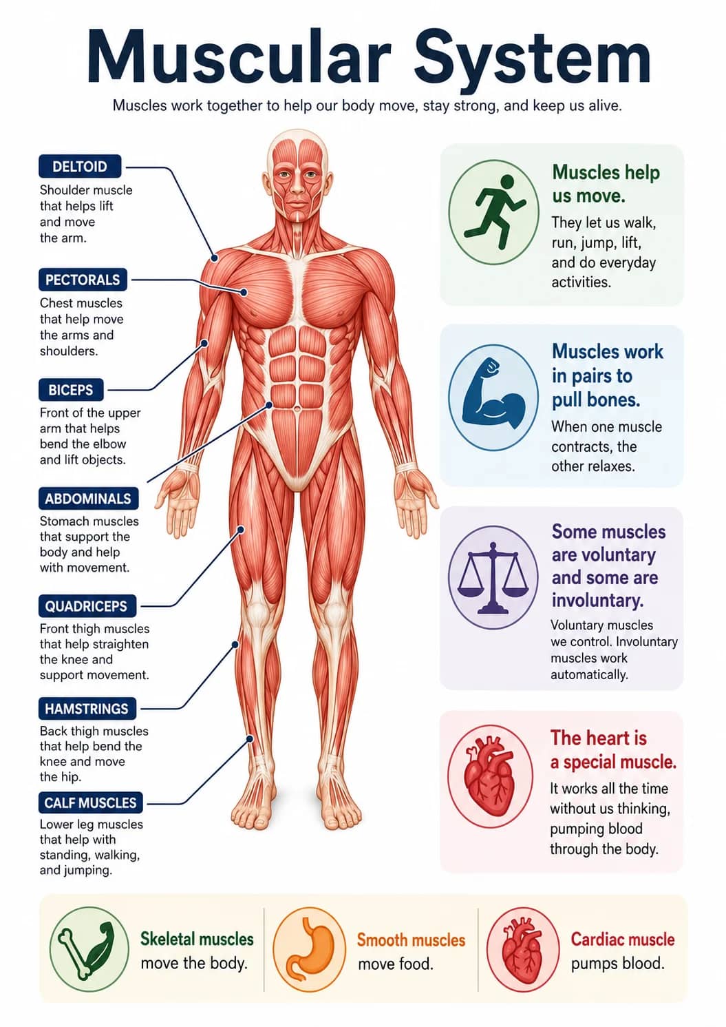 Muscular System infographic poster showing Muscles work together to help our body move, stay strong, and keep us alive., DELTOID, Shoulder...