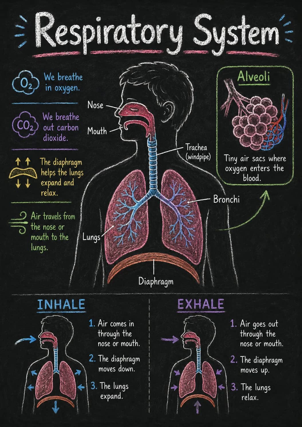 Respiratory system infographic poster showing We breathe in oxygen., We breathe out carbon dioxide., The diaphragm helps the lungs expand...