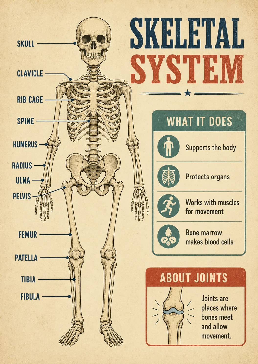 Skeletal infographic poster showing SYSTEM, WHAT IT DOES, Supports the body, Protects organs and Works with muscles for Human Body.