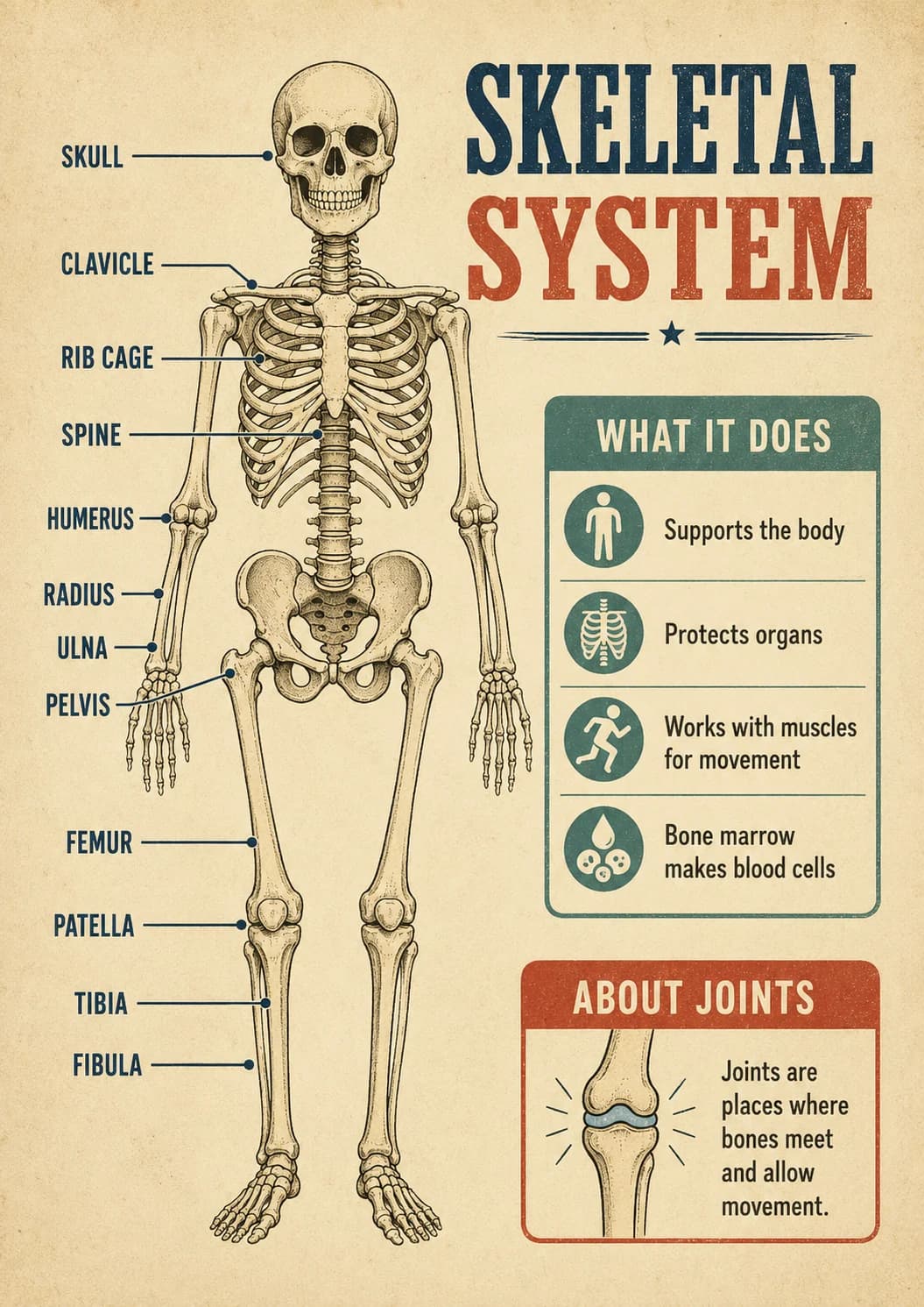 Skeletal infographic poster with clear labels for Human Body.