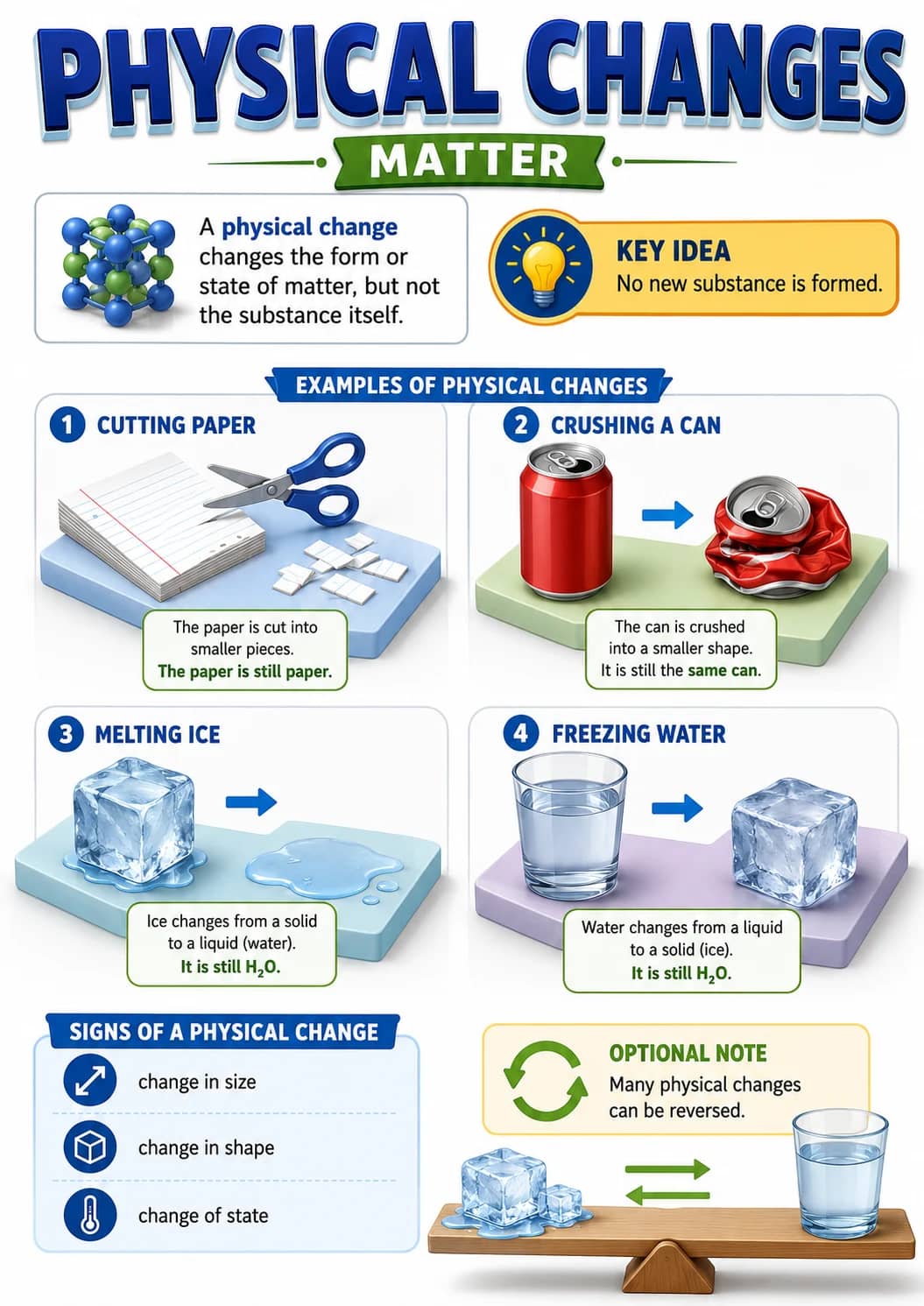 3 Melting Ice infographic poster showing PHYSICAL CHANGES, No new substance is formed., EXAMPLES OF PHYSICAL CHANGES, 1 CUTTING PAPER and...