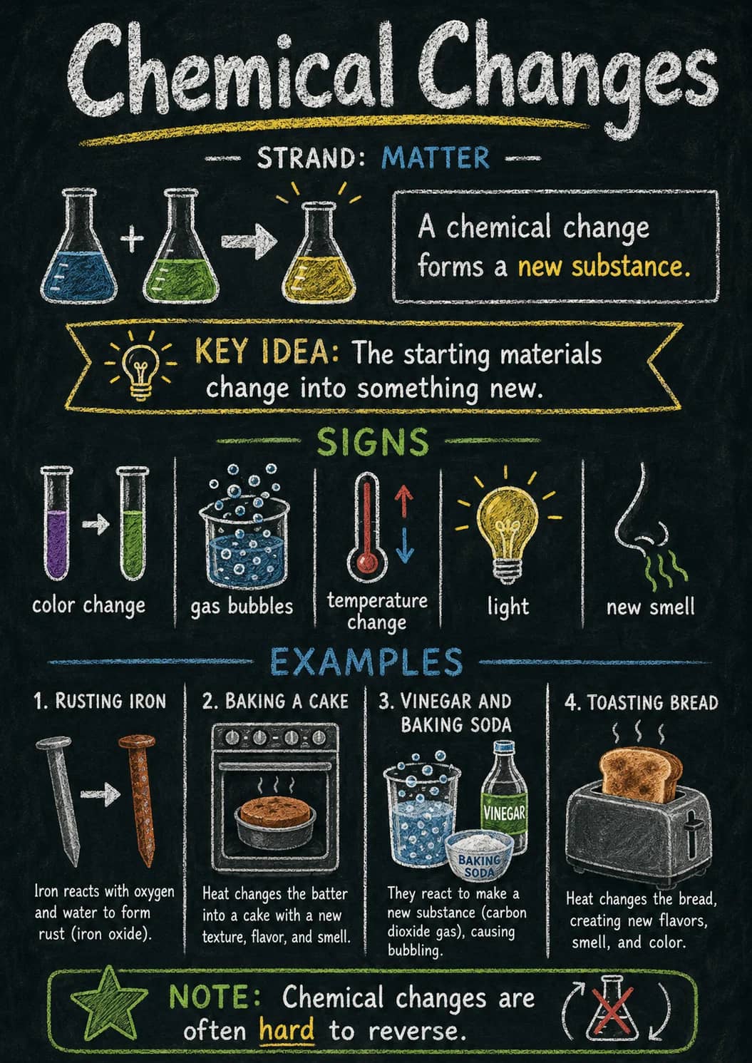 Chemical Changes infographic poster showing STRAND: MATTER, A chemical change forms a new substance., KEY IDEA: The starting materials...
