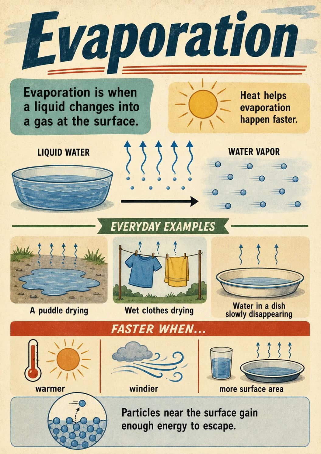 Evaporation infographic poster showing Evaporation is when, a liquid changes into, a gas at the surface., Heat helps and happen faster....