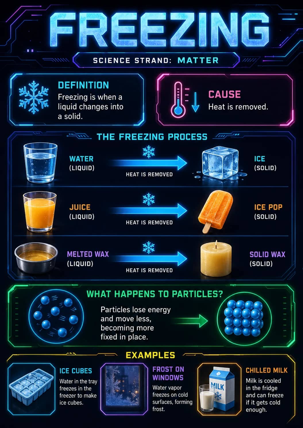 Freezing infographic poster showing SCIENCE STRAND: MATTER, Freezing is when a liquid changes into a solid., CAUSE, Heat is removed. and...