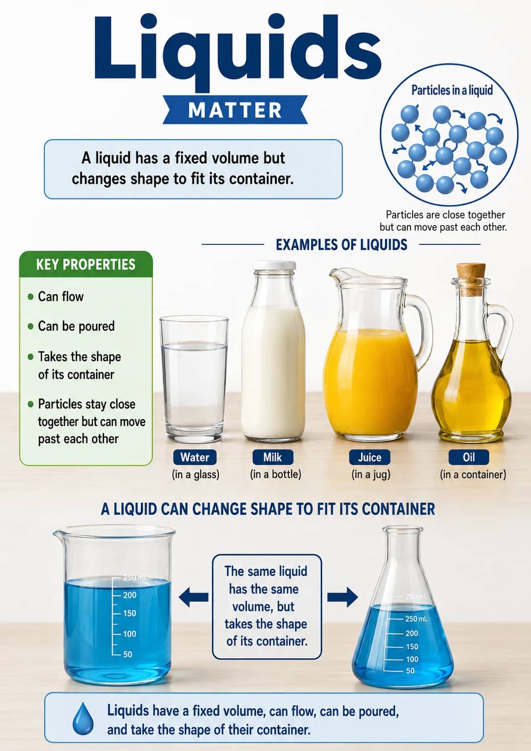 Liquids infographic poster showing A liquid has a fixed volume but changes shape to fit its container., Particles in a liquid, Particles...