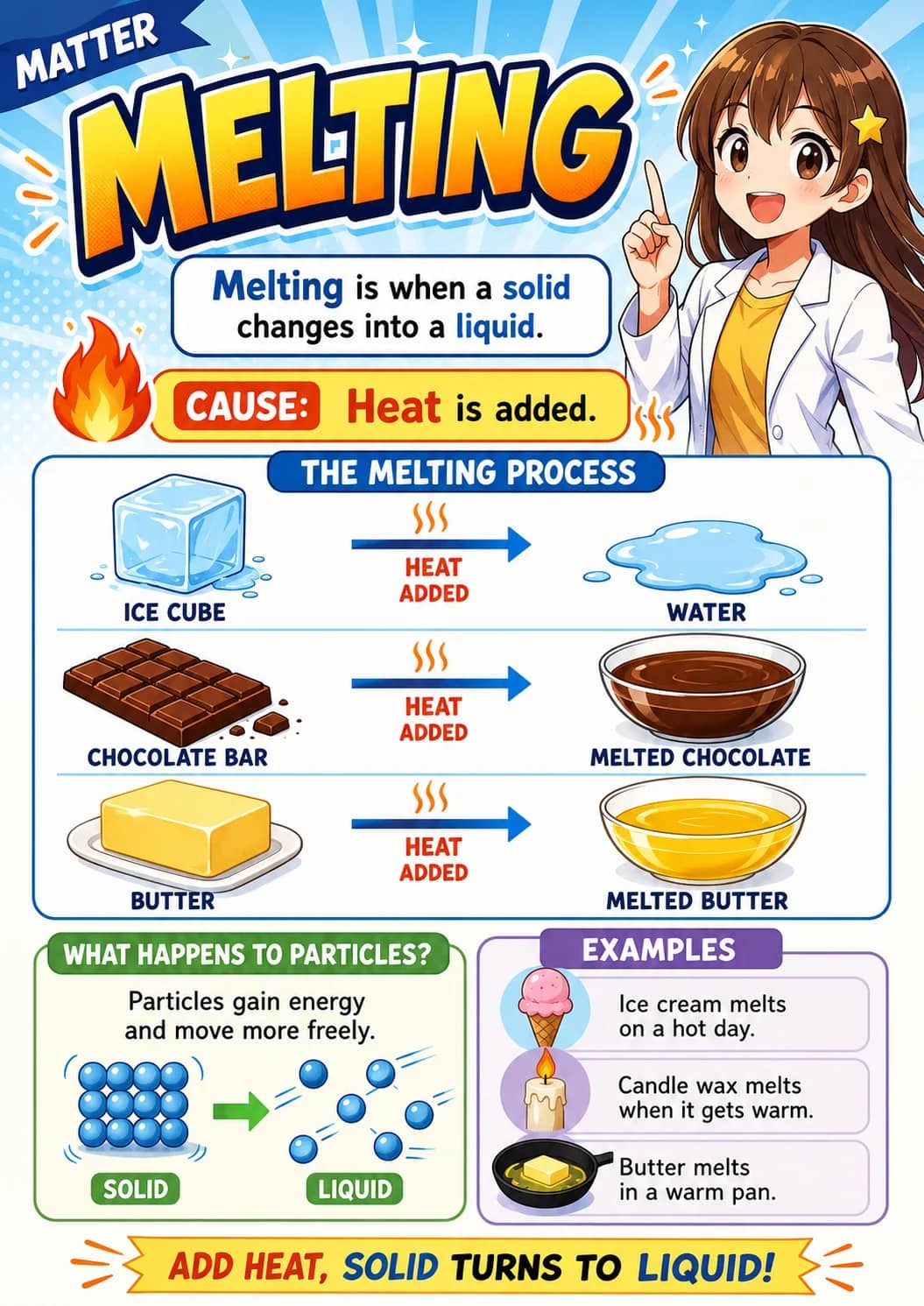 Matter infographic poster showing MELTING, Melting is when a solid changes into a liquid., CAUSE: Heat is added., THE MELTING PROCESS and...