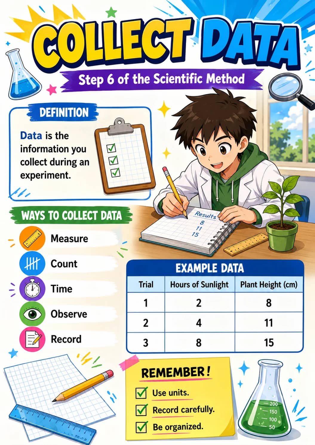 Collect Data infographic poster showing Step 6 of the Scientific Method, Data is the information you collect during an experiment., WAYS...