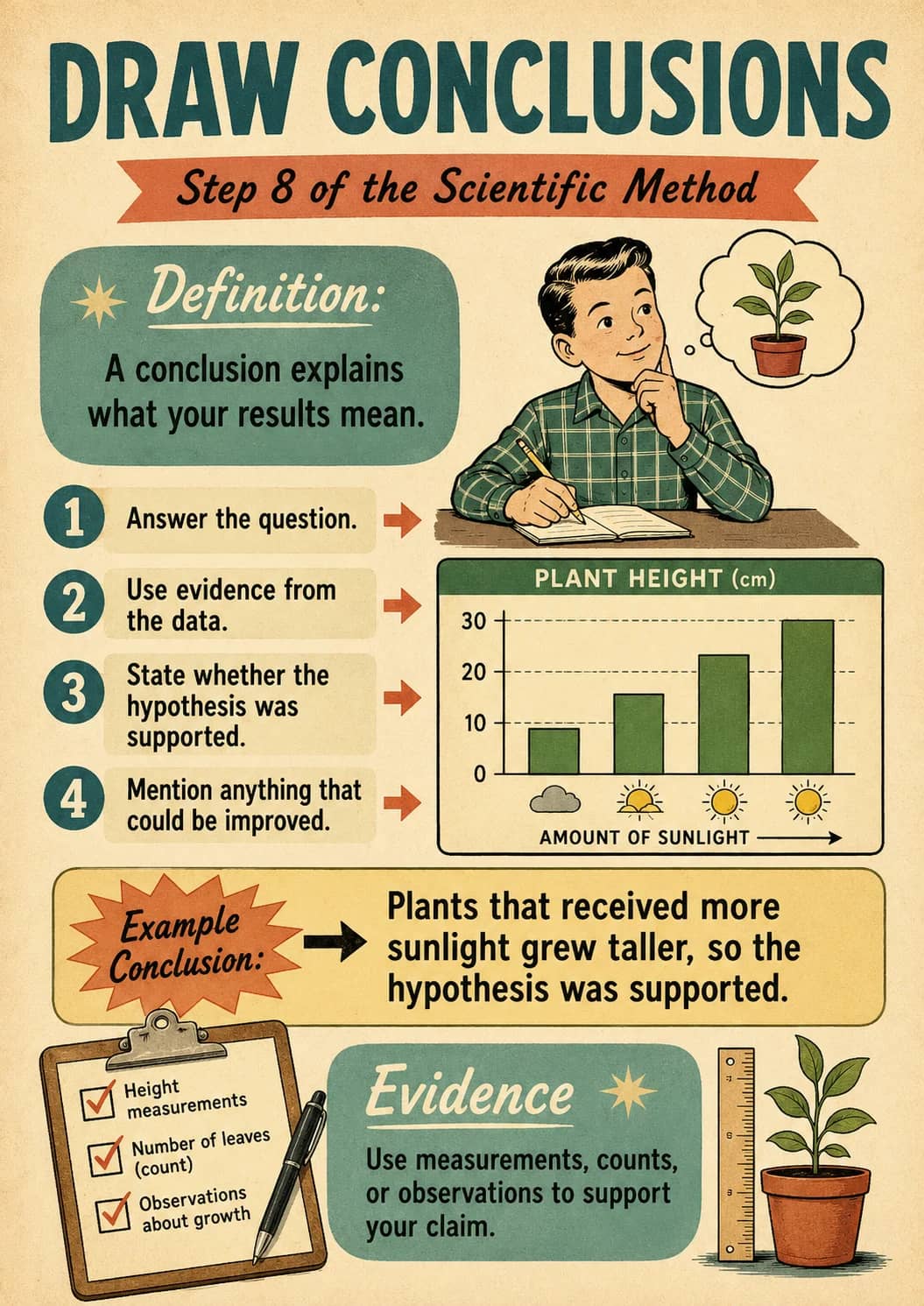 Draw Conclusions infographic poster showing Step 8 of the Scientific Method, Definition:, A conclusion explains what your results mean., 1...