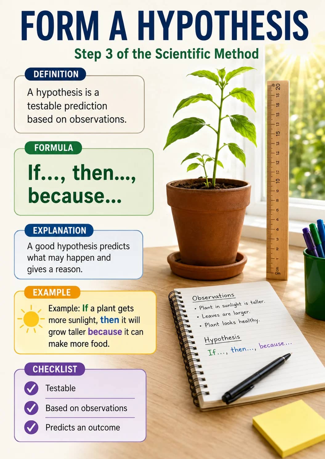 Form a hypothesis infographic poster showing Step 3 of the Scientific Method, A hypothesis is a testable prediction based on...