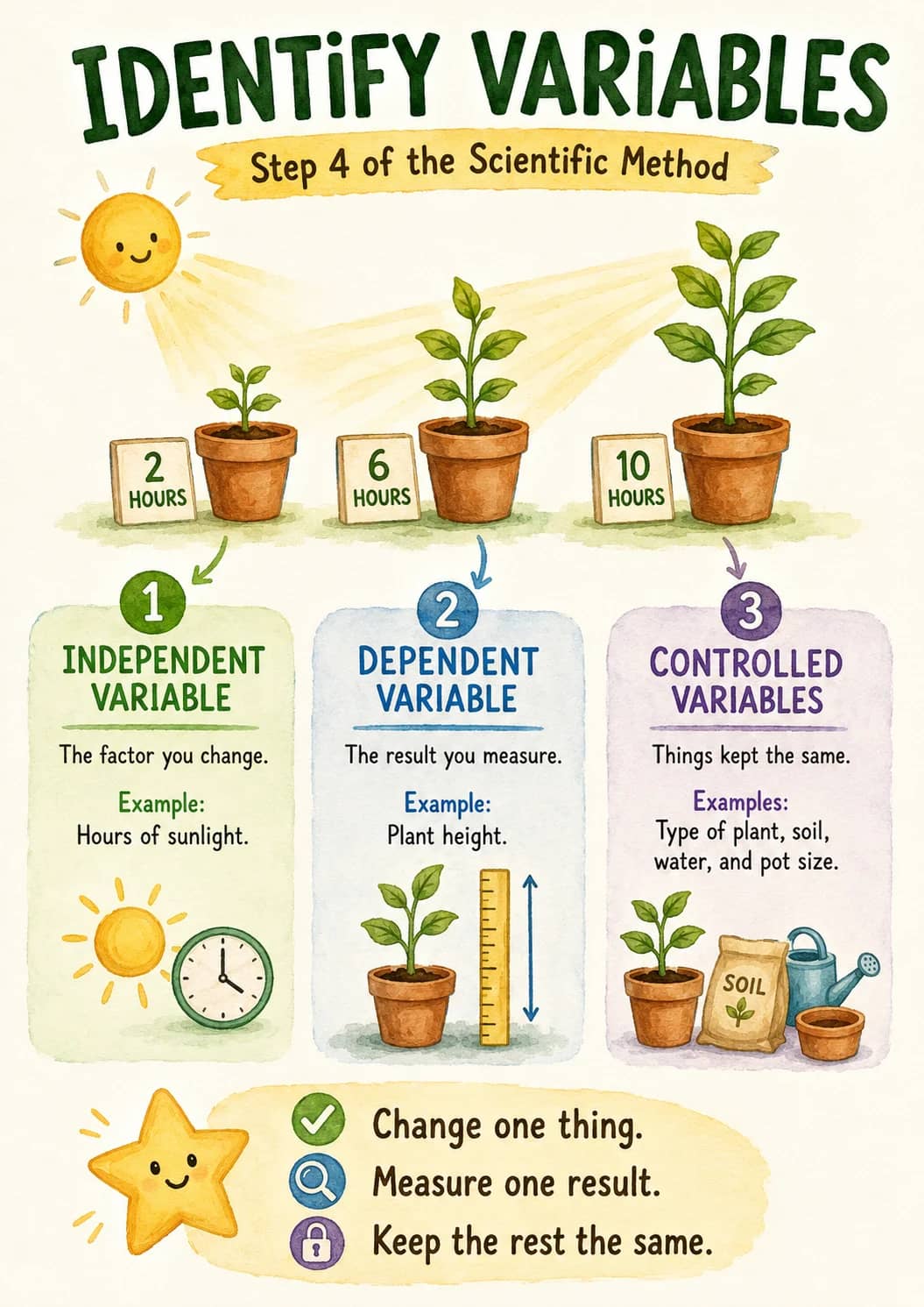 Identify Variables infographic poster showing Step 4 of the Scientific Method, INDEPENDENT, VARIABLE, The factor you change. and Example:...