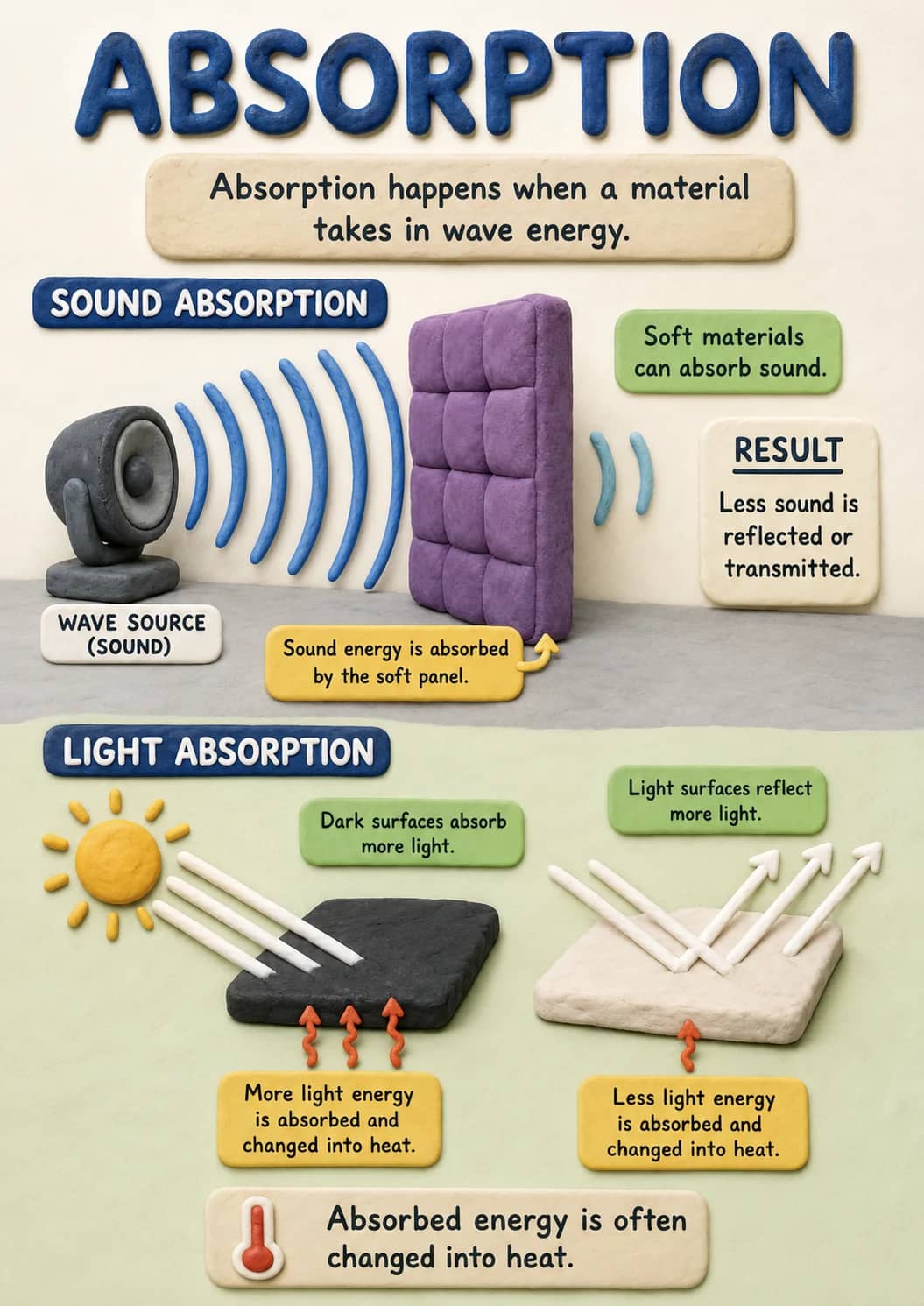 Absorption infographic poster showing Absorption happens when a material takes in wave energy., SOUND ABSORPTION, WAVE SOURCE, Sound...